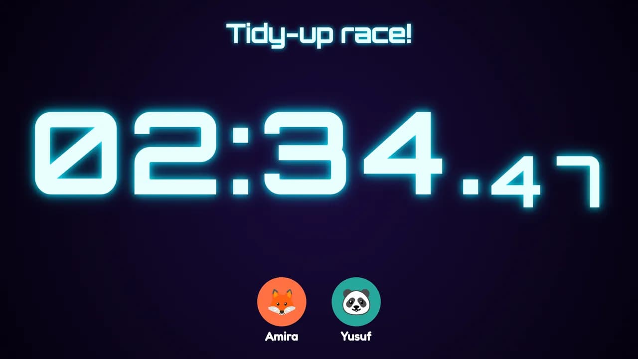 Neon countdown counter on the TV labelled Tidy-up race